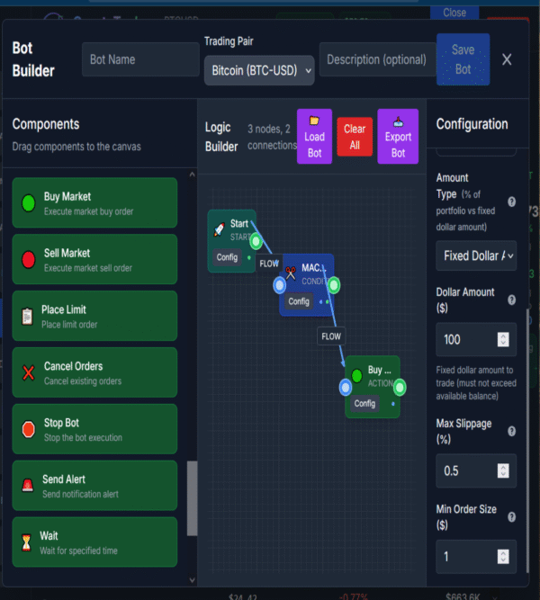 CryptoTech bot builder screen with basic MACD buy bot