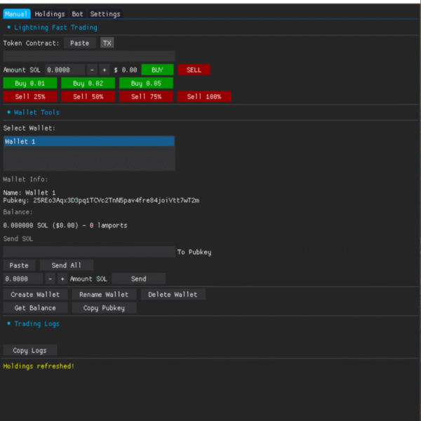 SolSaver manual trading screen with wallet tools.