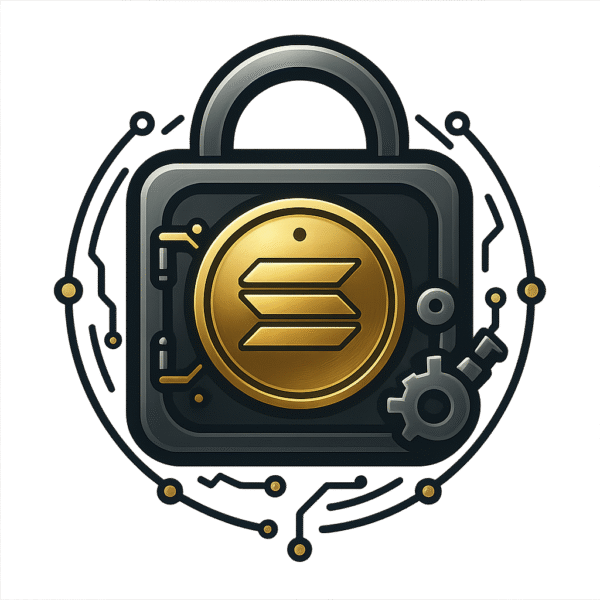 SolSaver app icon – a digital lock featuring the Solana crypto logo, symbolizing secure trading automation